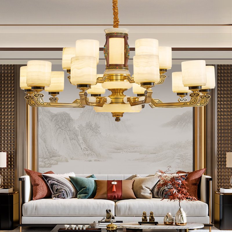 2025新款新中式吊灯全铜玉石吊灯别墅挑空大灯禅意大吊灯