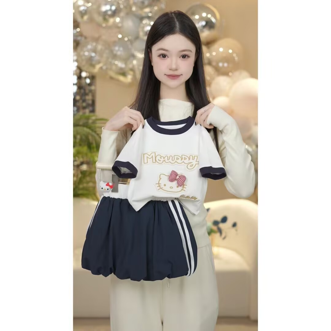 【MM】2025夏季女童原创设计短袖女童刺绣拼色圆领上衣裙裤套装