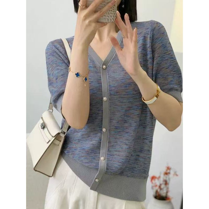 (霓虹精灵) 玉姐家彩纱小香风V领高级感短袖新选f1153 J03883