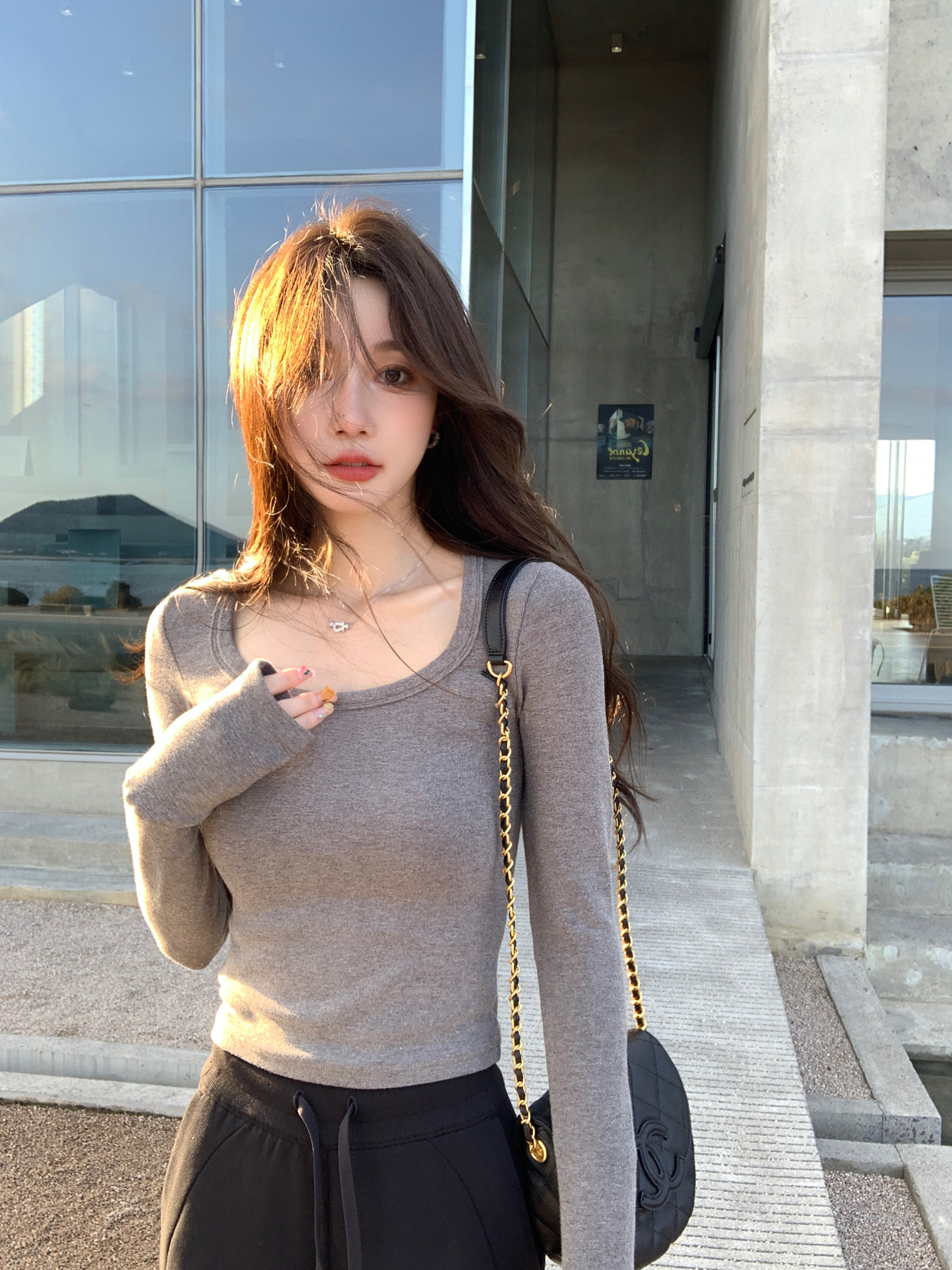 alex stevens U领纯色打底衫弹力棉修身显瘦上衣女长袖保暖衣