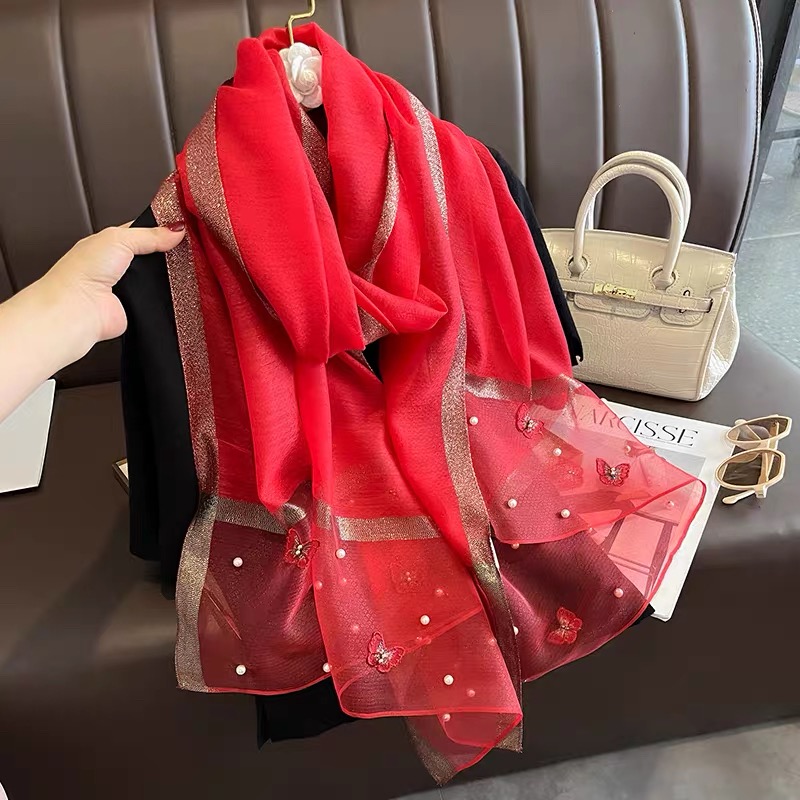 【红色钉珠】丝毛180*75长巾巾女士高级丝巾