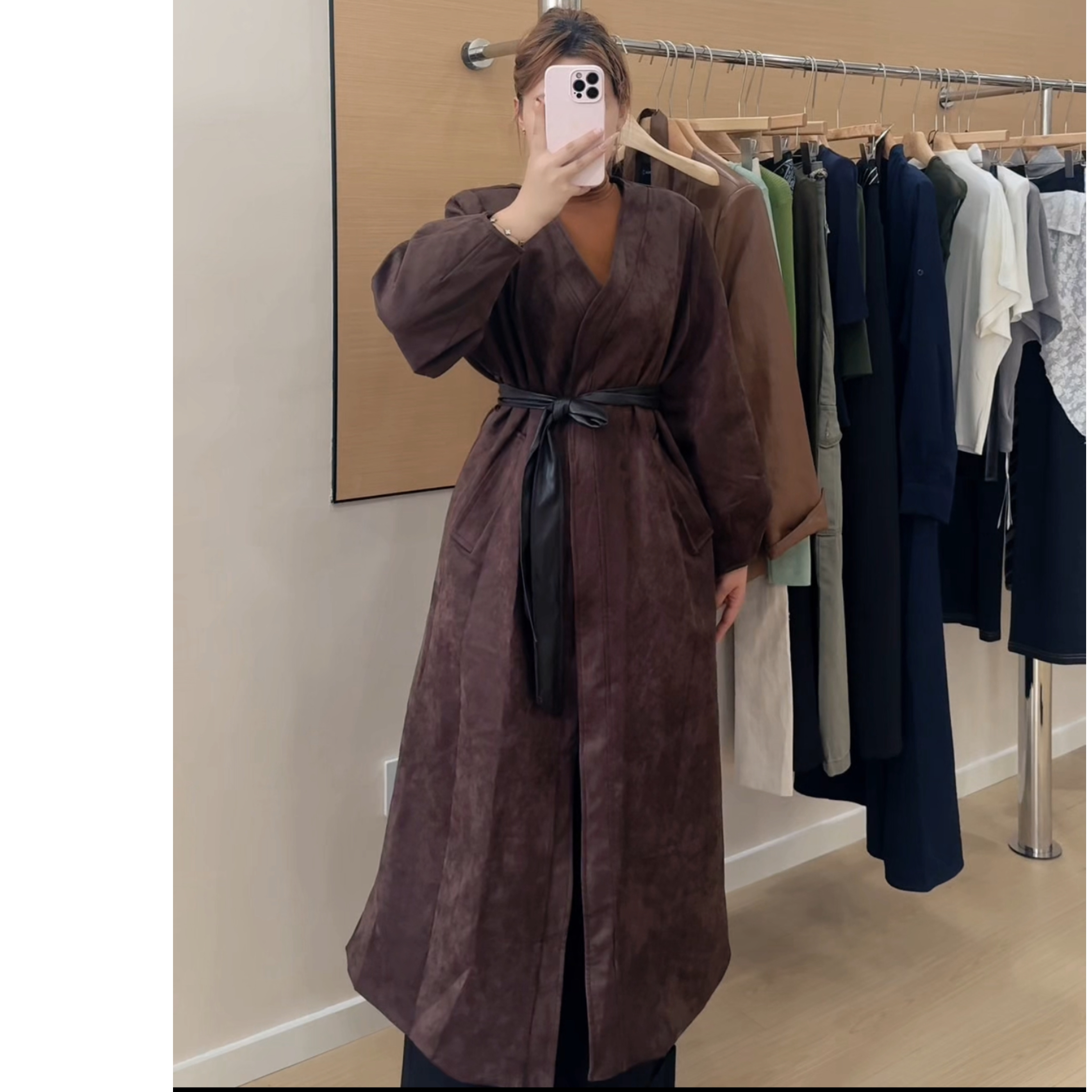 鹿皮绒风衣外套秋季复古气质系带收腰设计