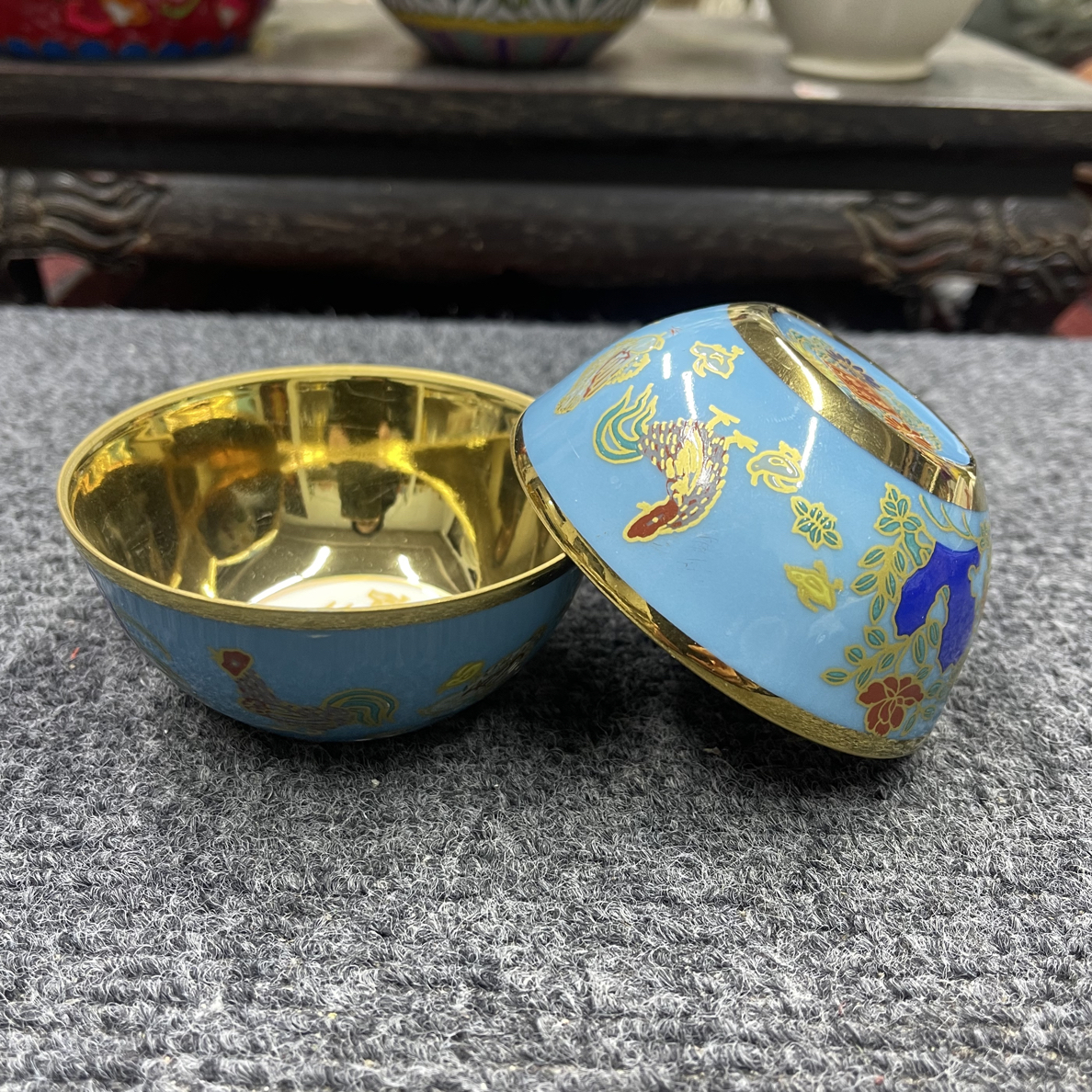 天蓝釉金包瓷鸡缸杯压手杯口杯主人杯