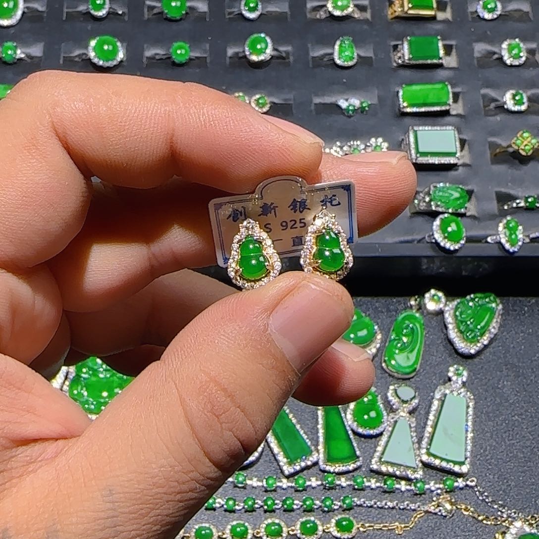 翡翠银S925镀金镶嵌耳饰