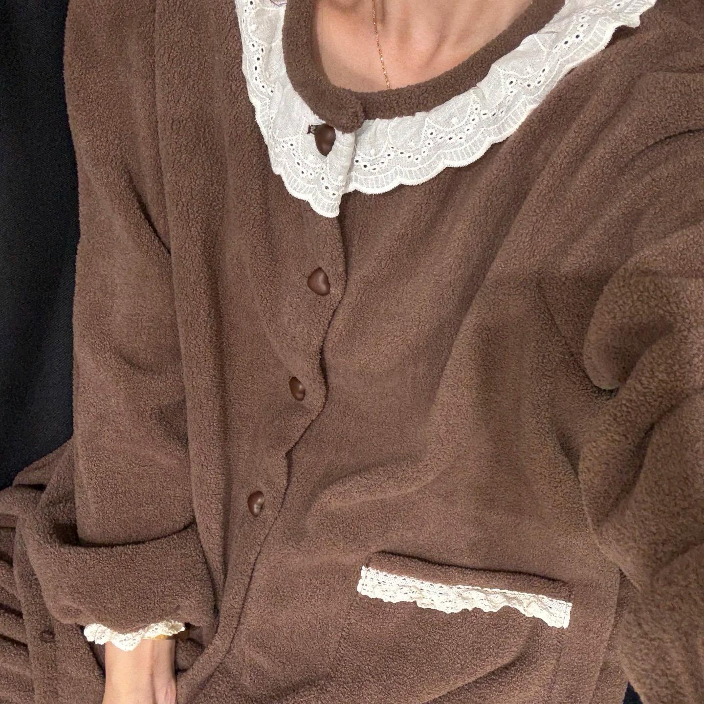 2223花边爱心扣字加厚加绒保暖可外穿家居服套装（衣长60裤长93）