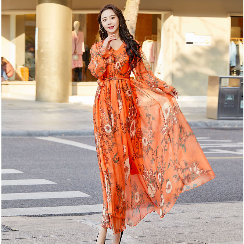 【灿灿专属】雪纺连衣裙长袖夏季裙子亚马逊女装海边度假沙滩裙女