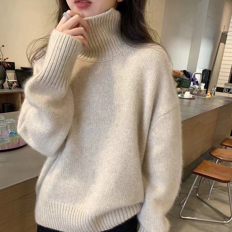 100纯羊毛衫女秋冬新款加厚高领毛衣内搭宽松慵懒套头打底针织衫