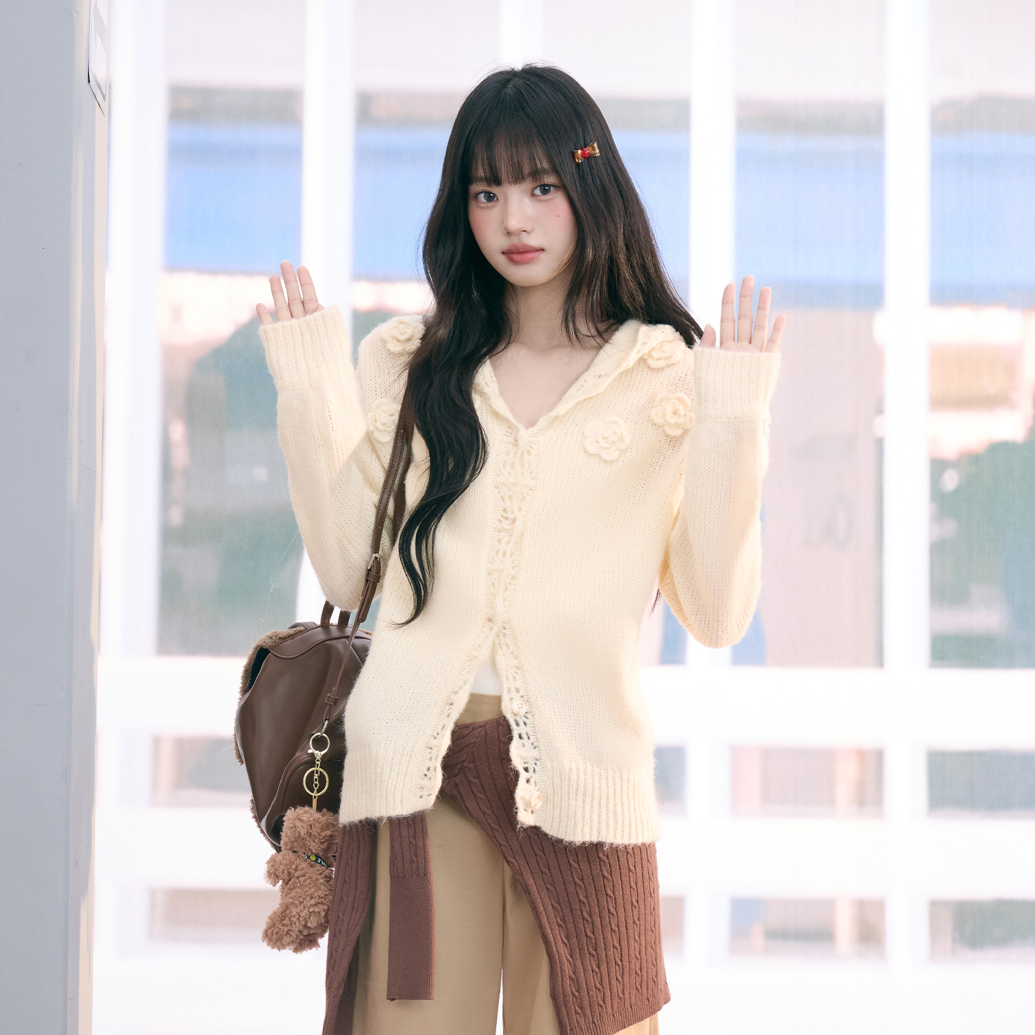 WEEKEND HUB秋季新款花朵针织开衫连帽外套女小众不撞款时髦上衣