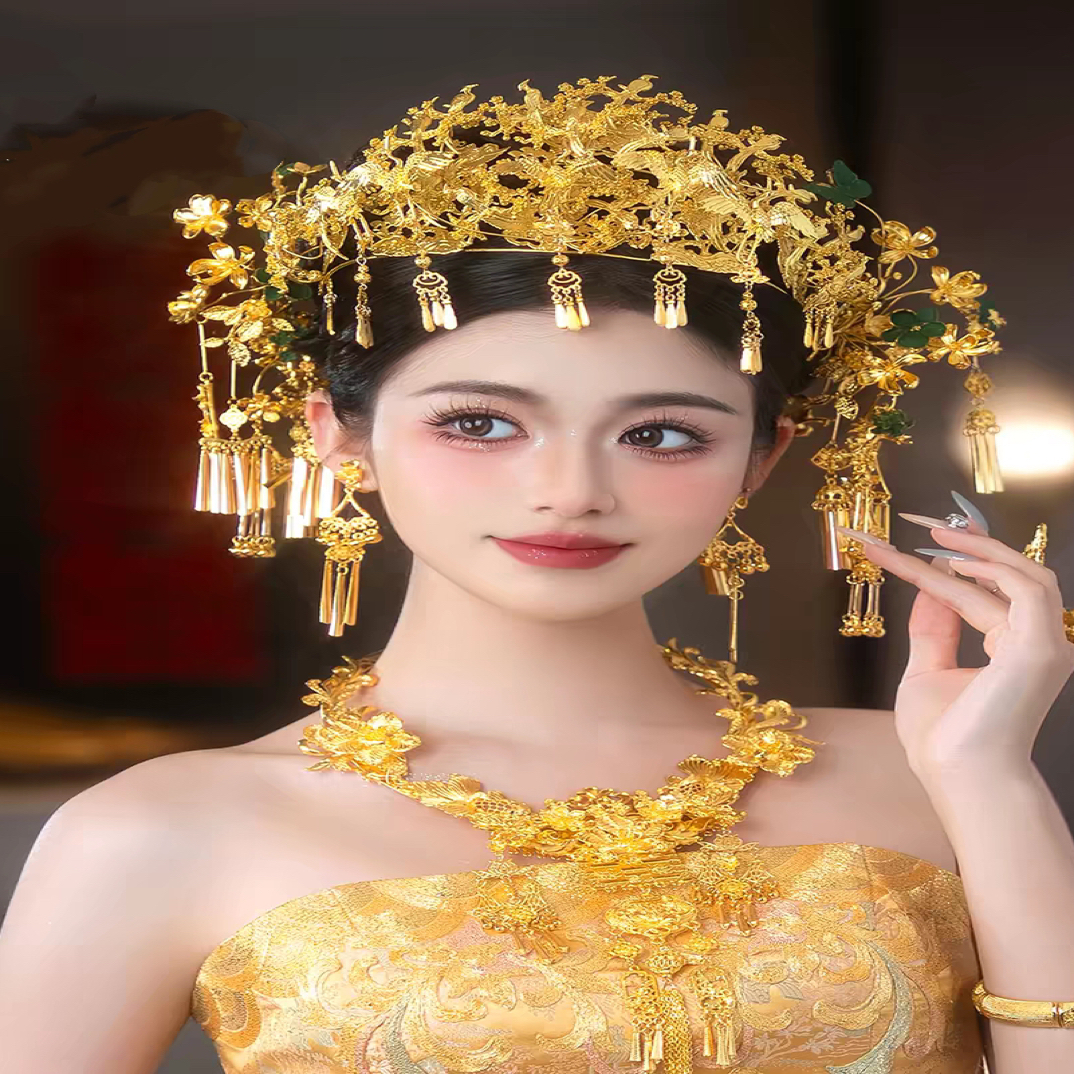 新款金色重工半冠新娘秀禾头饰中式古风婚礼龙凤褂发饰335