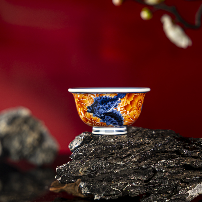 【墨舍柴窑】墨舍柴窑矾红满工荷花鳜鱼压手杯 moshe1456