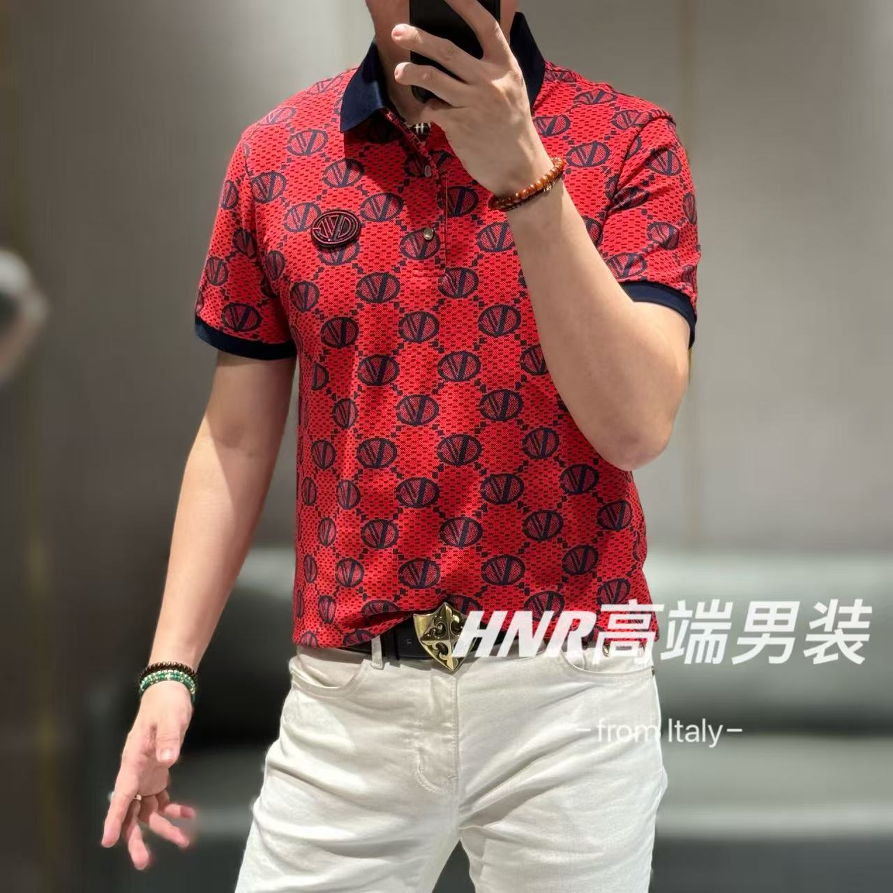 满花拼色大珠地100%新疆长绒棉胸标点缀春夏新品polo衫5692