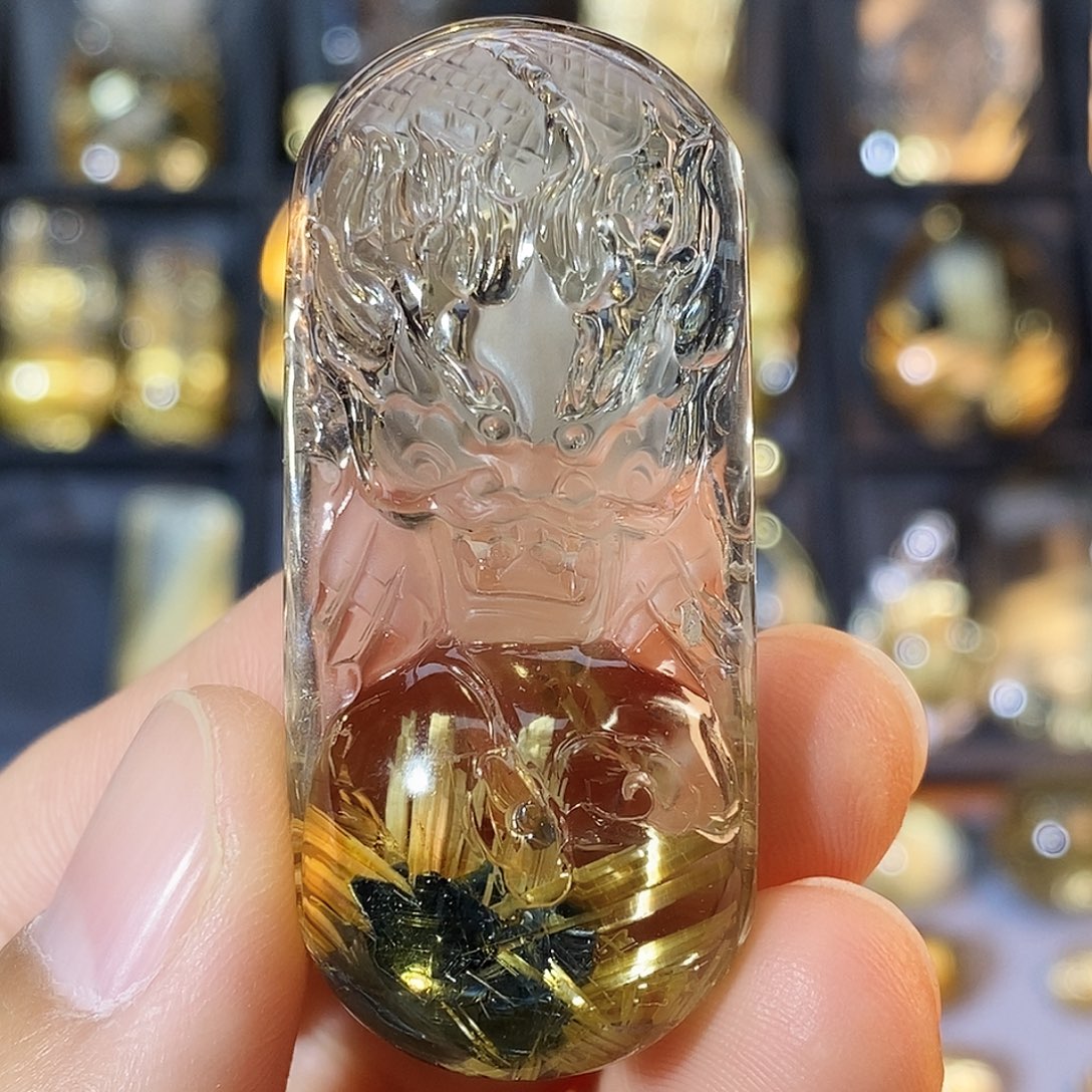 未镶嵌水晶颈饰天然钛晶花聚宝盆龙牌吊坠