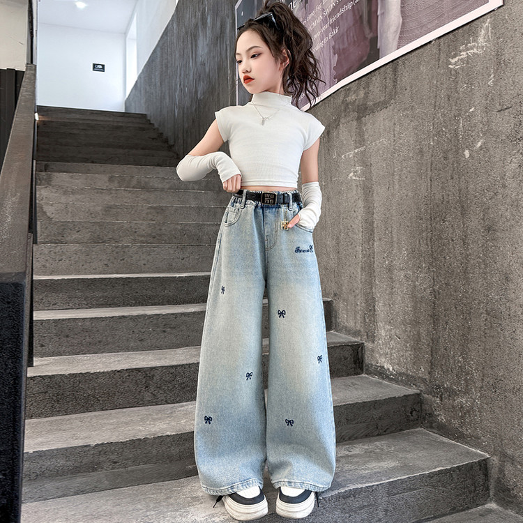 女童裤子春秋季新款童装女孩牛仔直筒裤小中童阔腿裤洋气百搭潮