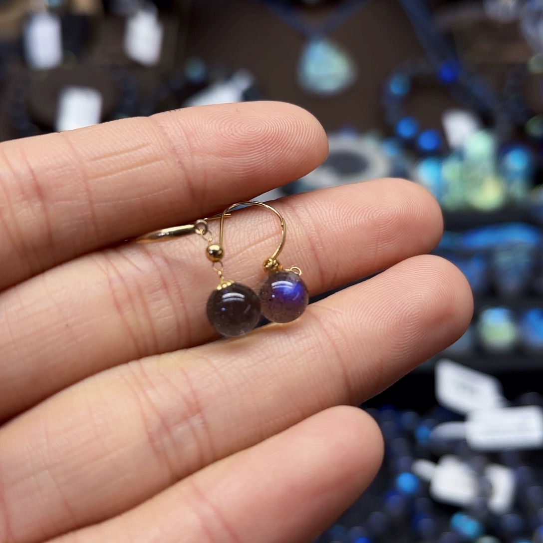 长石耳钉18K金镶嵌耳饰