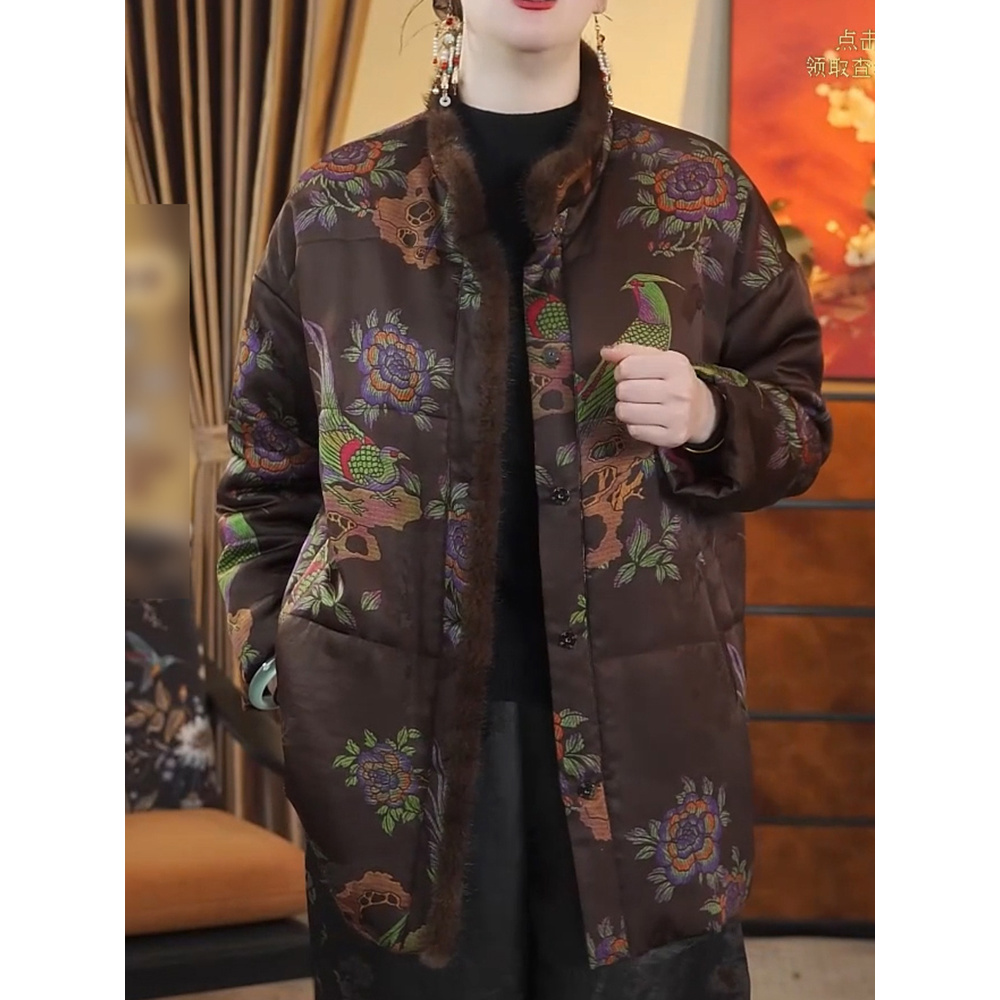 高档洋气时髦棉服女装2025冬季新款中式复古宽松立领印花保暖外套