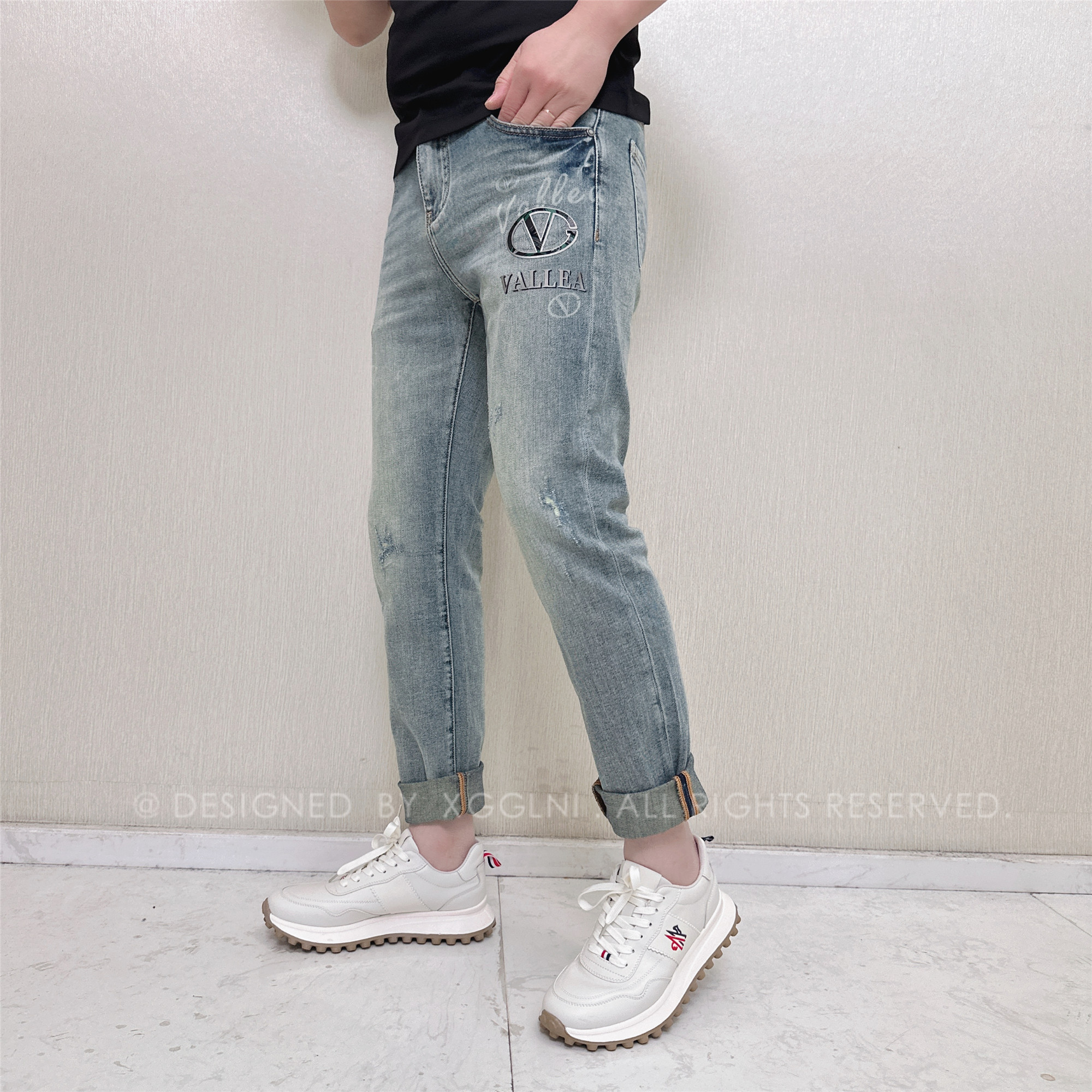 春夏款JX圆内V+下方字母轻奢高端牛仔裤男款高档时尚修身裤男裤子