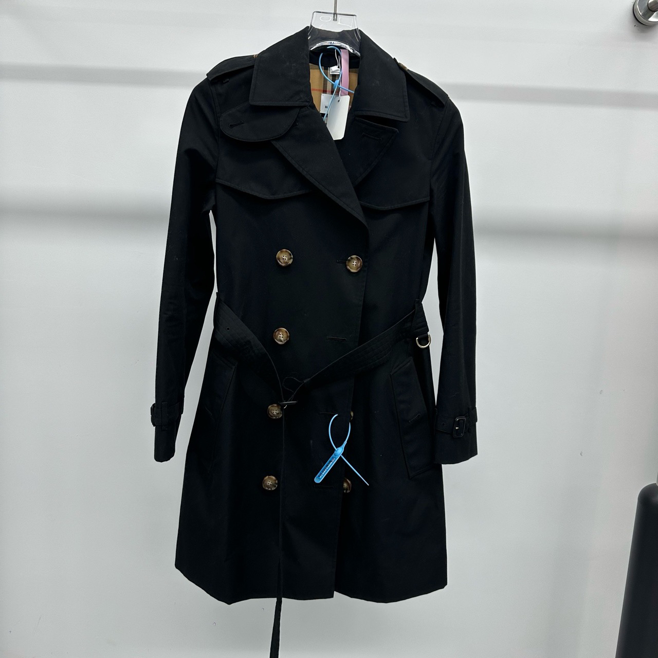 99新 BURBERRY/博柏利 36码/黑色翻领腰带款风衣外套/99新