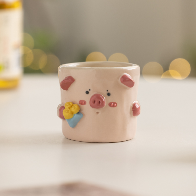 立体花花小粉猪手握杯