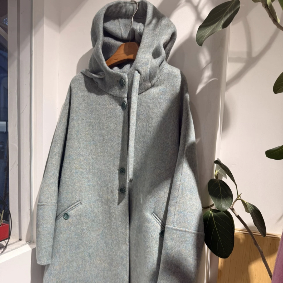 绵羊毛羊驼双面带帽中长款大衣