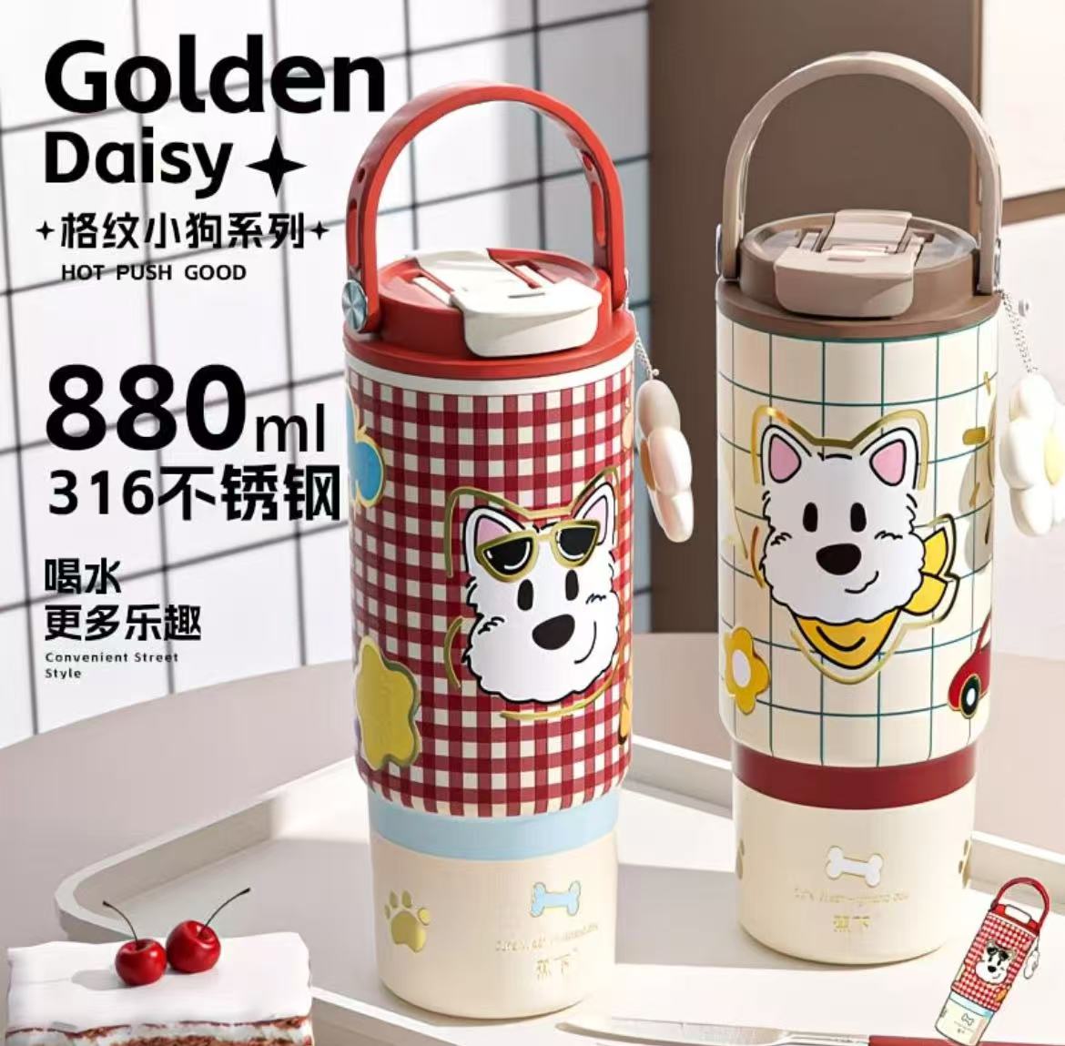 高颜值不锈钢保温杯大容量水杯便携照片吸管双饮咖啡杯网红新款杯