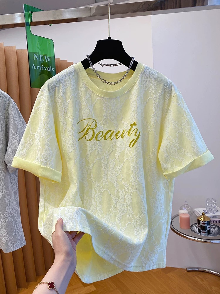 【柠檬啵啵】韩版小众超好看绝美字母蕾丝宽松休闲洋气百搭T恤Y9332