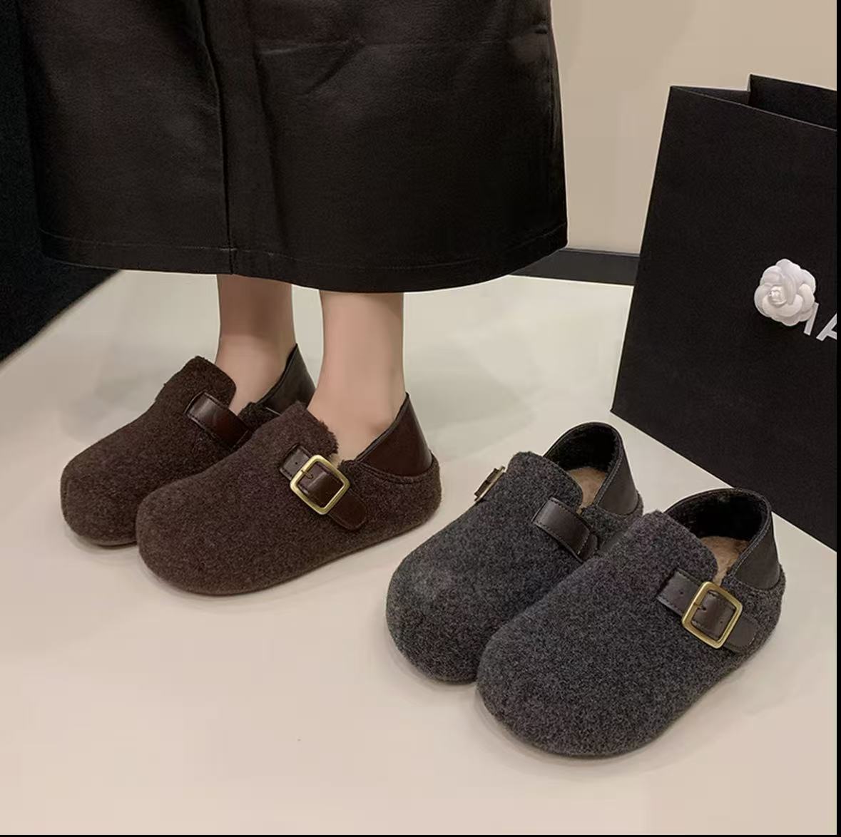 2025秋冬新品毛呢款勃肯鞋厚底，两穿款底高4厘米加绒百搭毛毛鞋