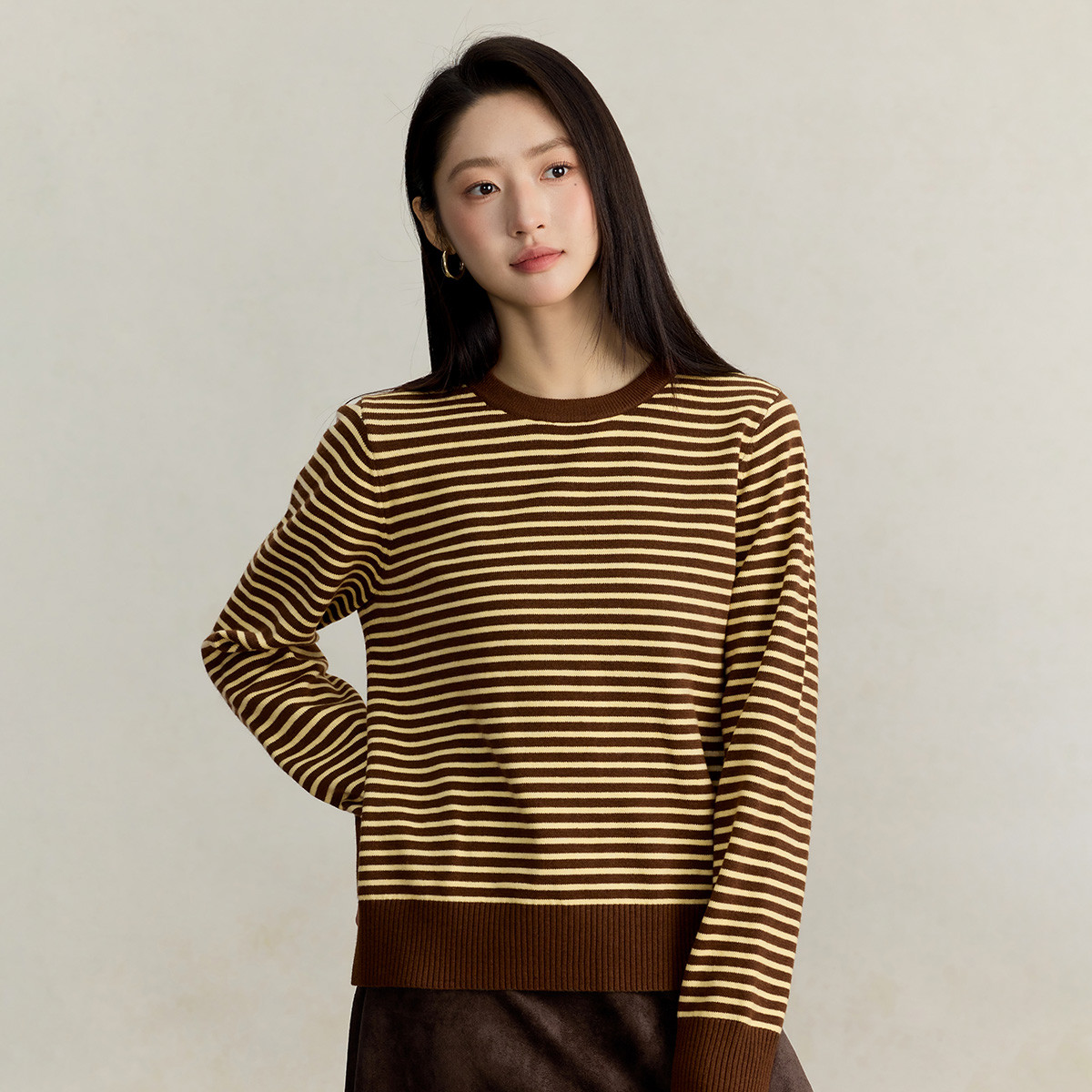 茵曼复古撞色条纹套头毛衣女2025秋冬款宽松休闲针织衫上衣
