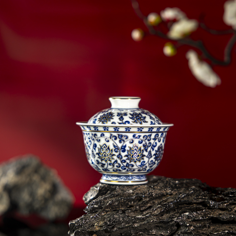 【墨舍柴窑】墨舍柴窑描金缠枝莲盖碗（花心） moshe1463
