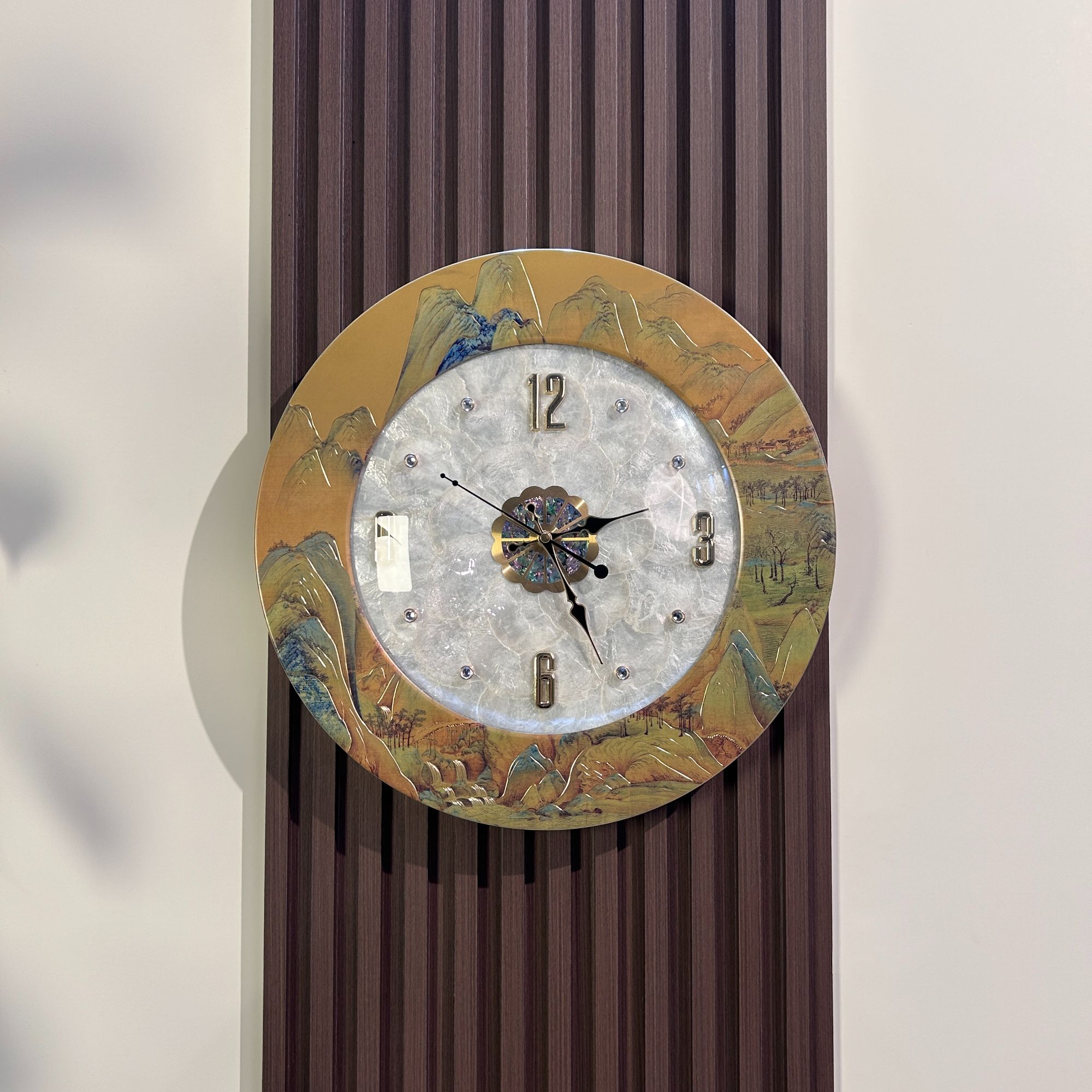 【奇居巍】铜雕狂贝壳圆形挂钟家用客厅挂表-千里江山图#8141