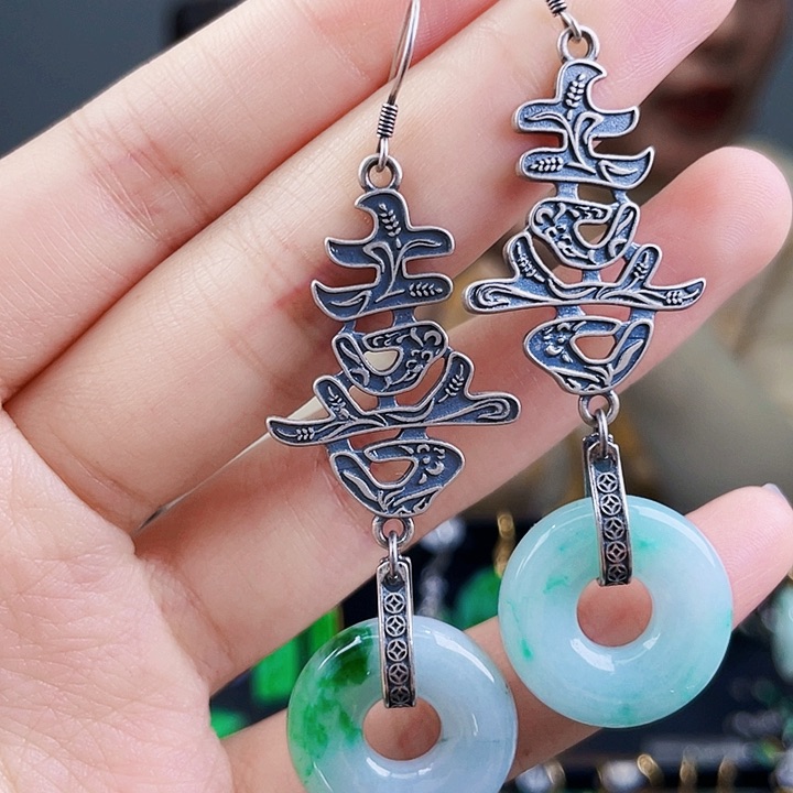 翡翠耳饰银S925镶嵌饰品