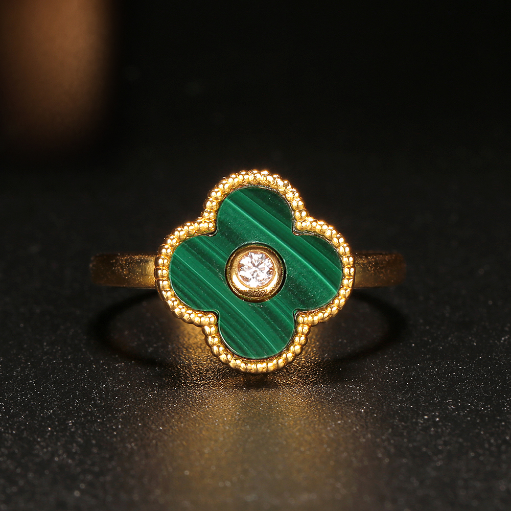 【柴柴】18k金孔雀石四叶戒指 时尚百搭气质轻奢