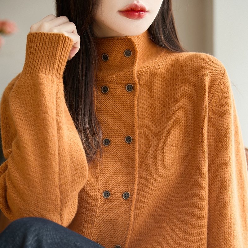 双排扣~韩版新款  100%羊毛开衫女针织宽松外套