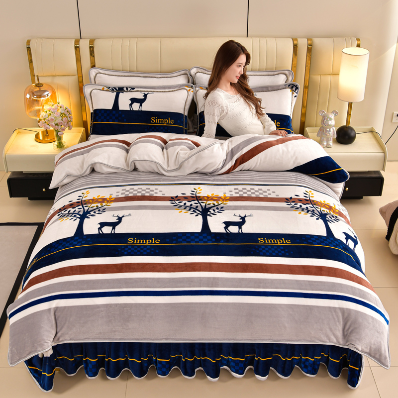 新款加绒加厚高克重牛奶绒四件套冬季保暖双面绒被套床裙床上用品