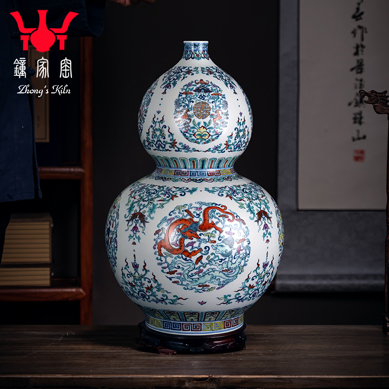 钟家窑陶瓷花瓶景德镇柴窑青花斗彩手绘螭龙轻奢葫芦瓶摆件高46cm