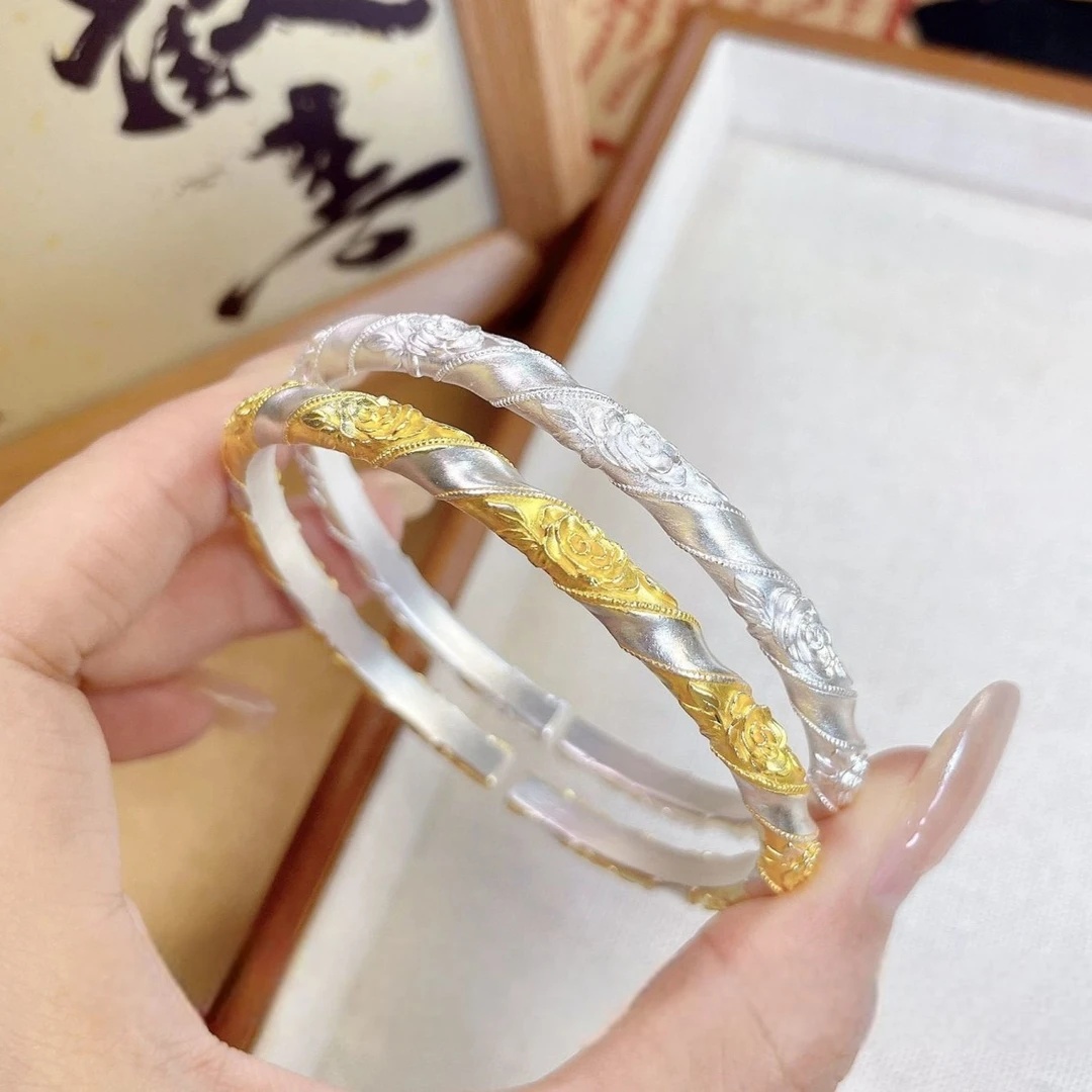 B52【约27g5N】999.9描金蔷薇花开口实心手镯A87