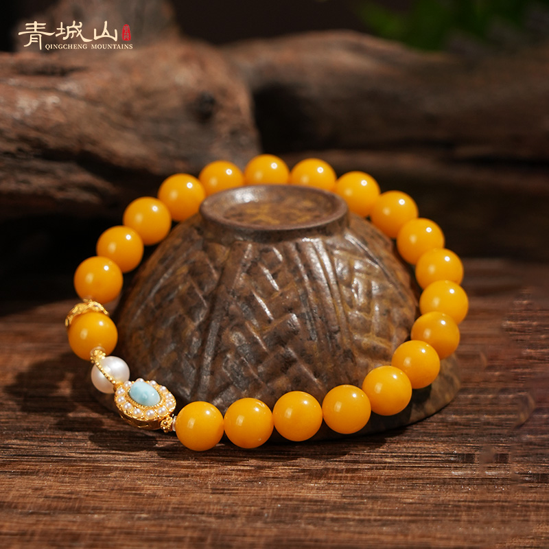 青城山天然鸡油黄蜜蜡手串8mm海纹石镶嵌珍珠女款国风单圈手串