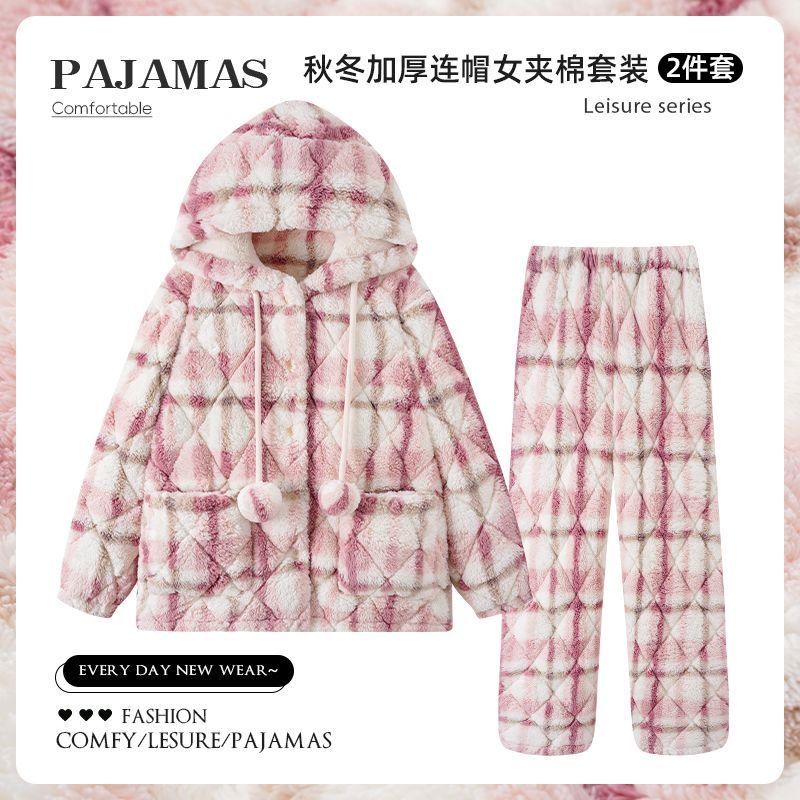 2025年冬季睡衣女款长毛绒三层夹棉珊瑚绒加绒加厚保暖连帽家居服