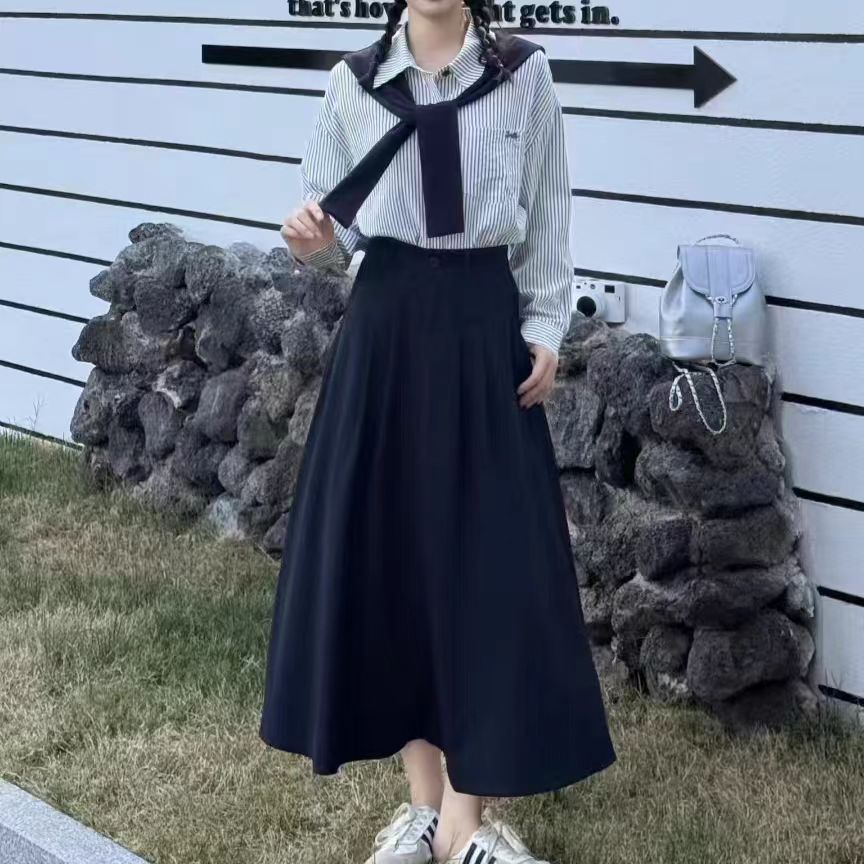 03760.(衣长69裙长81)条纹长袖衬衫配披肩半身裙三件套Q33