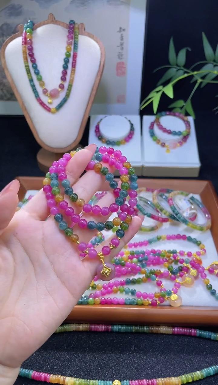 【收藏级】天然碧玺搭配平安扣三圈手串6mm多样性发