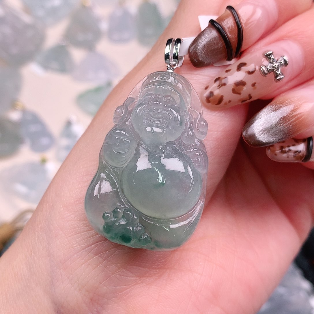 翡翠颈饰18K金镶嵌蓝花财神44、36.7、24.5、7