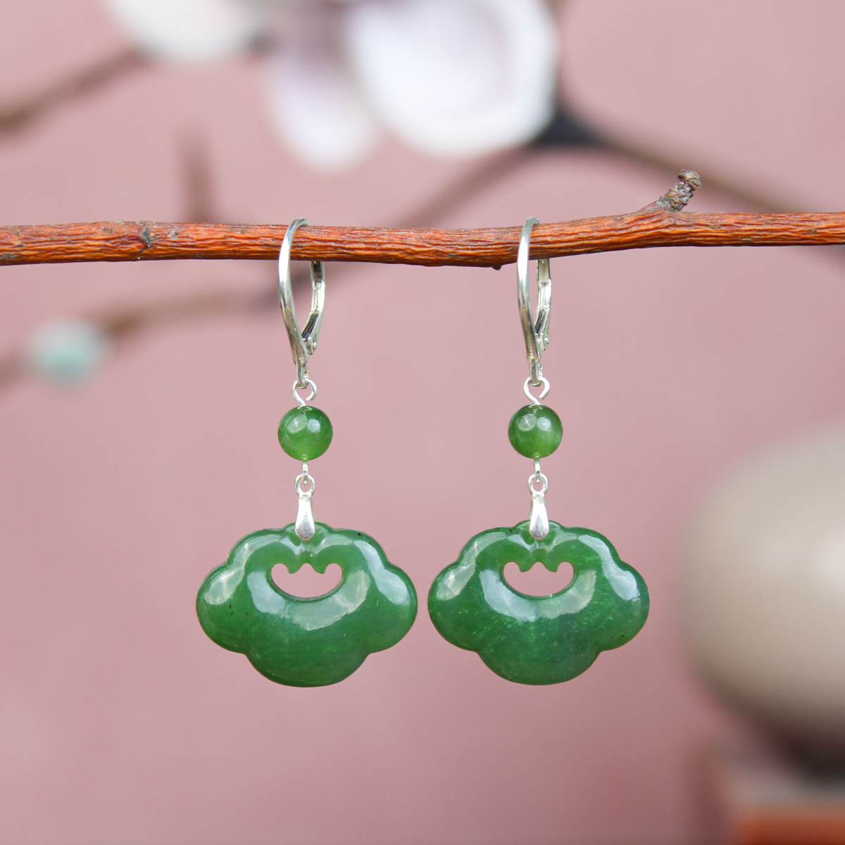 S925和田玉碧玉中长款如意耳坠玉耳环防丢银耳饰圆耳圈811454