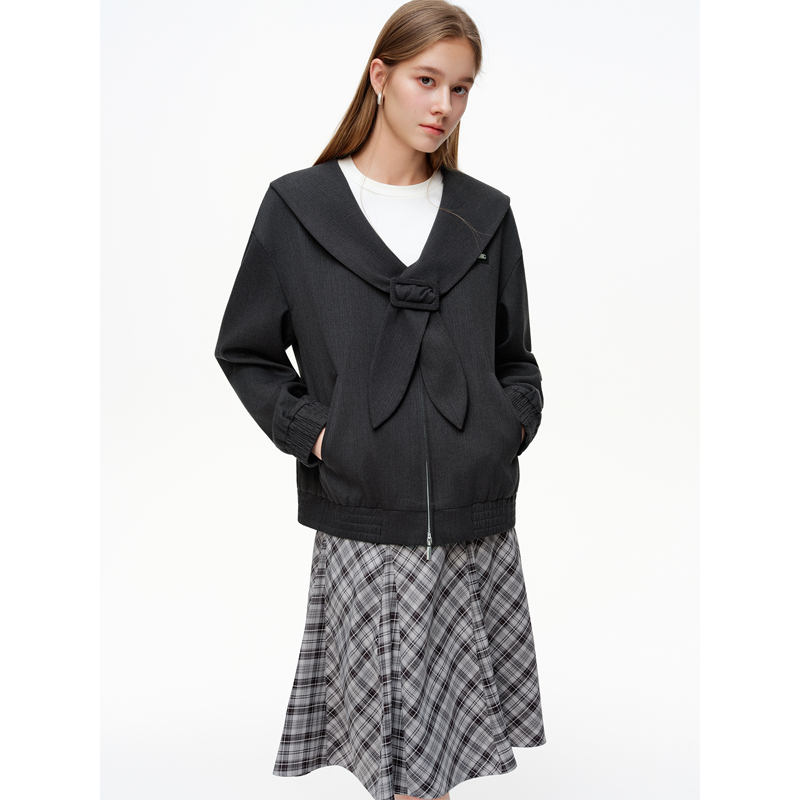 独束女装【学院水手】海军领落肩廓形夹克时尚显瘦短外套26DS81101