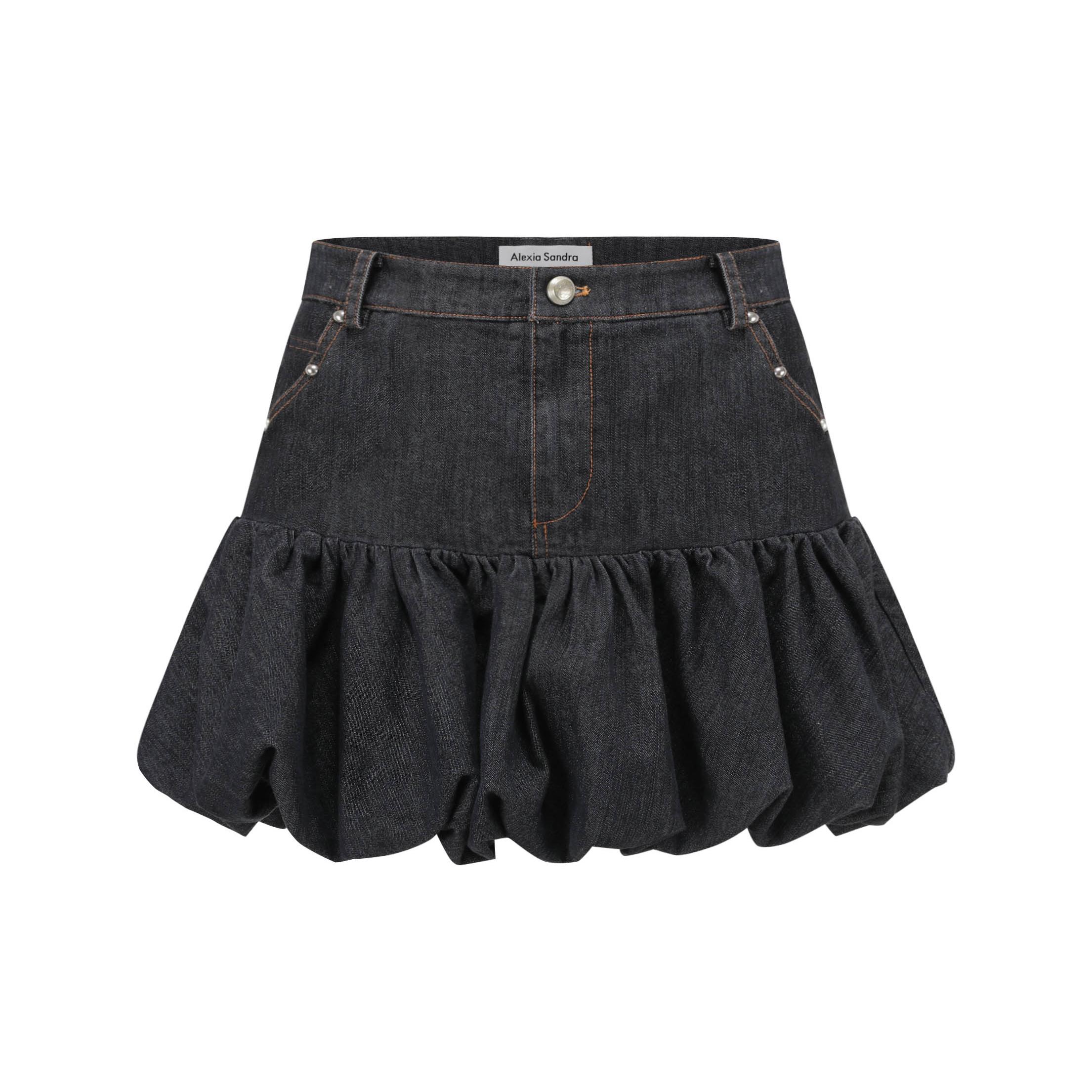 AlexiaSandra幢钉装饰抽皱牛仔花苞裙