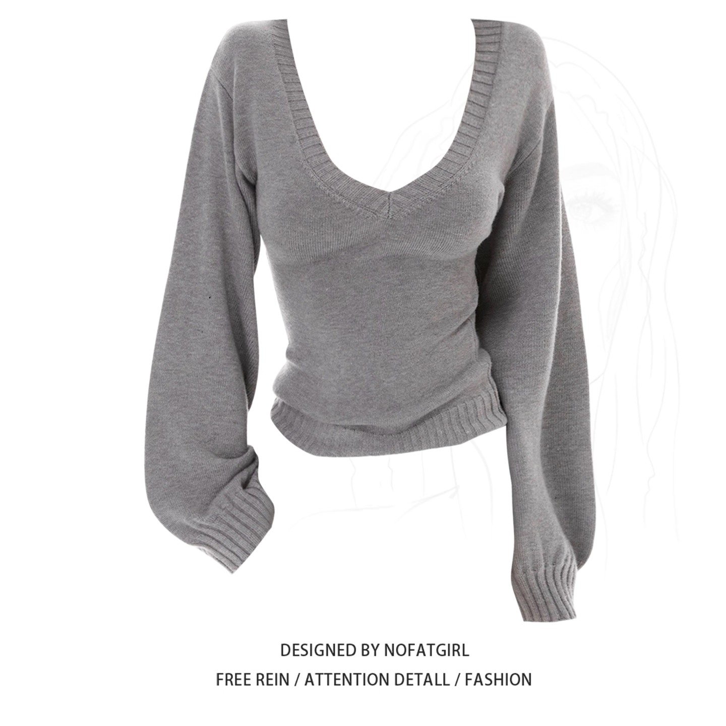 大码胖MM美式辣妹风V领长袖针织衫女秋灰色修身百搭性感毛衣上衣