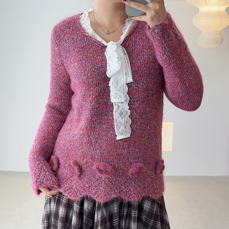 【霏霏推荐】蕾丝拼接花朵系带毛衣F623