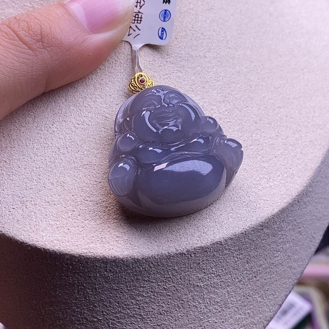 颈饰未镶嵌和田玉毕业级老坑料高冰烟紫金镶佛公