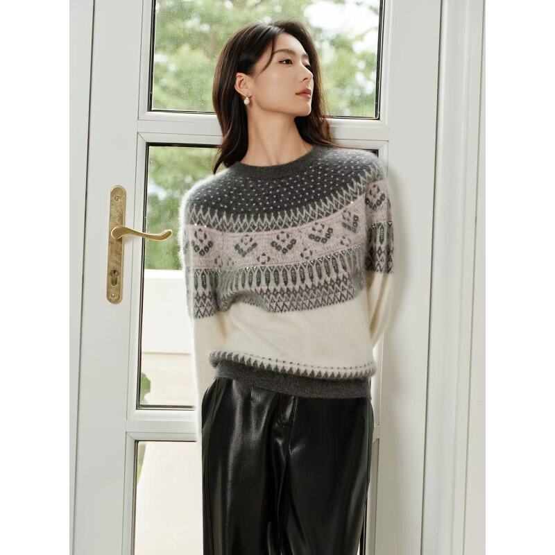 W-1271-复古撞色宽松显瘦慵懒风秋冬季新款百搭针织衫女