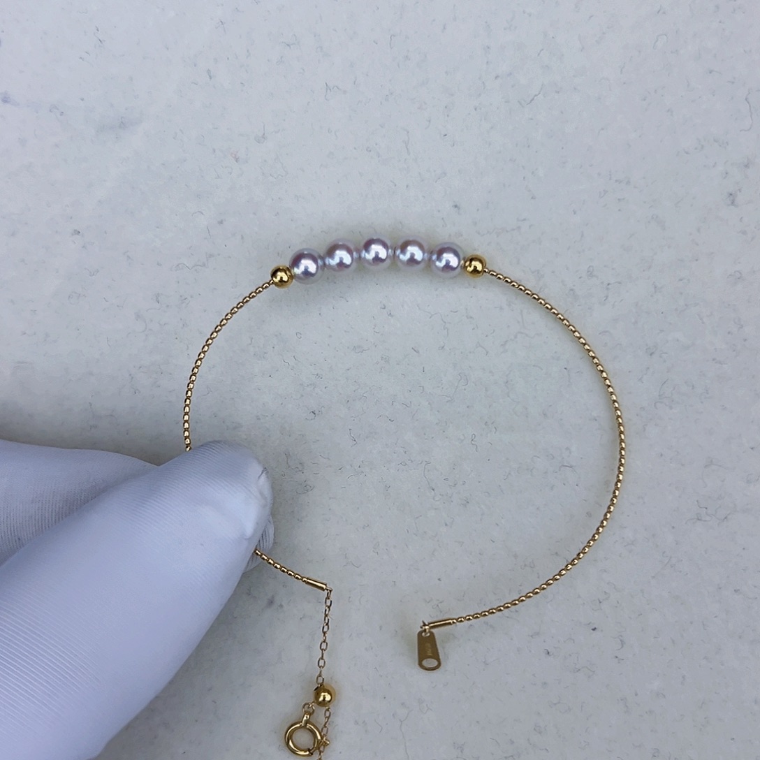 海水珍珠海水akoya五珠手链4-5mm18K金镶嵌