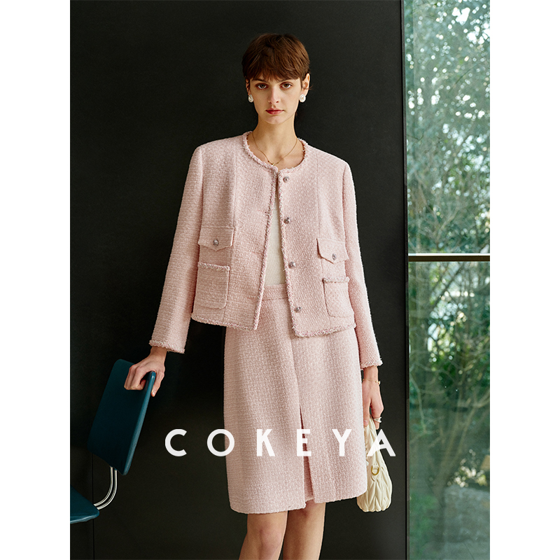 COKEYA/伊丽莎白~粗花呢圆领宽松香风外套直筒半身裙套装女春