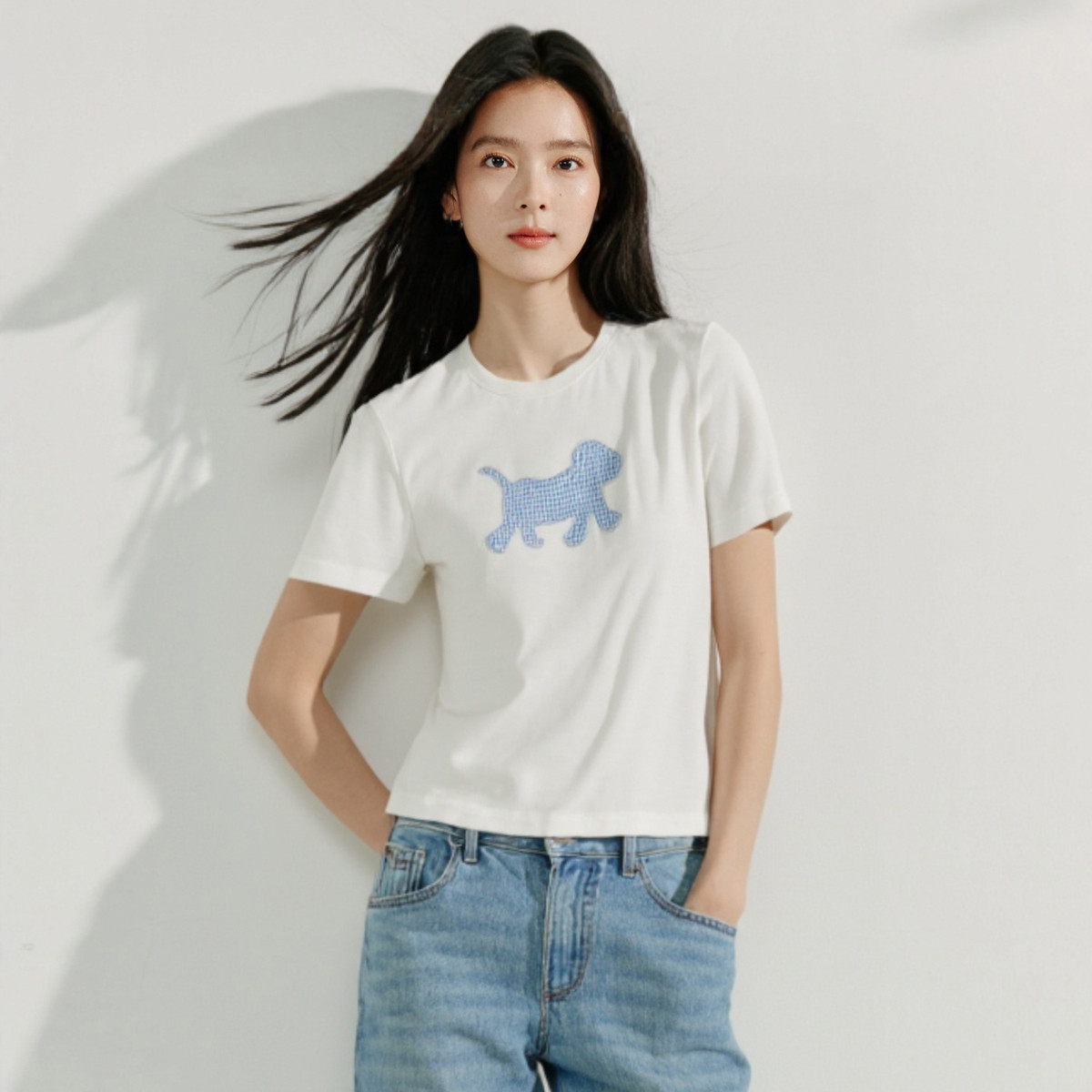 格子小狗贴布绣短袖T恤女2025夏季百搭显瘦休闲舒适正肩上衣